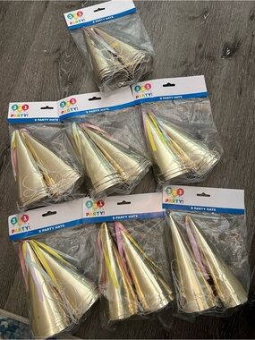 Gold Foil Kids Party Cone Hats with Pastel Streamers - Pack